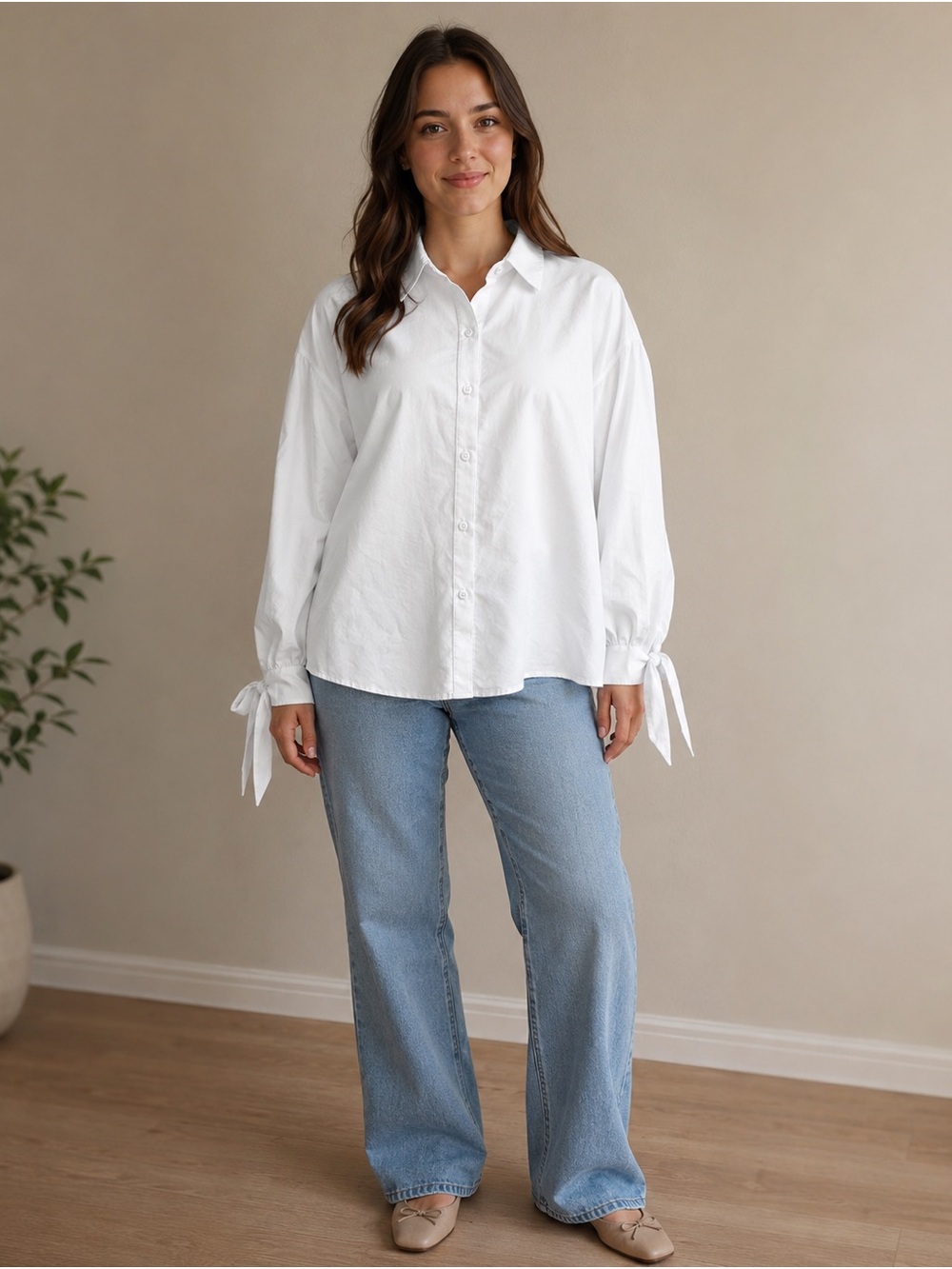 Anthropologie White Button-Front Blouse with Tie Cuffs minimalist coastal preppy